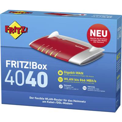 Emballage 'FRITZ!Box 4040' présentant un routeur Wi-Fi. Offre WAN Gigabit, Wi-Fi jusqu'à 866 Mbit/s. Idéal pour modem câble/DSL. Nouvel article.