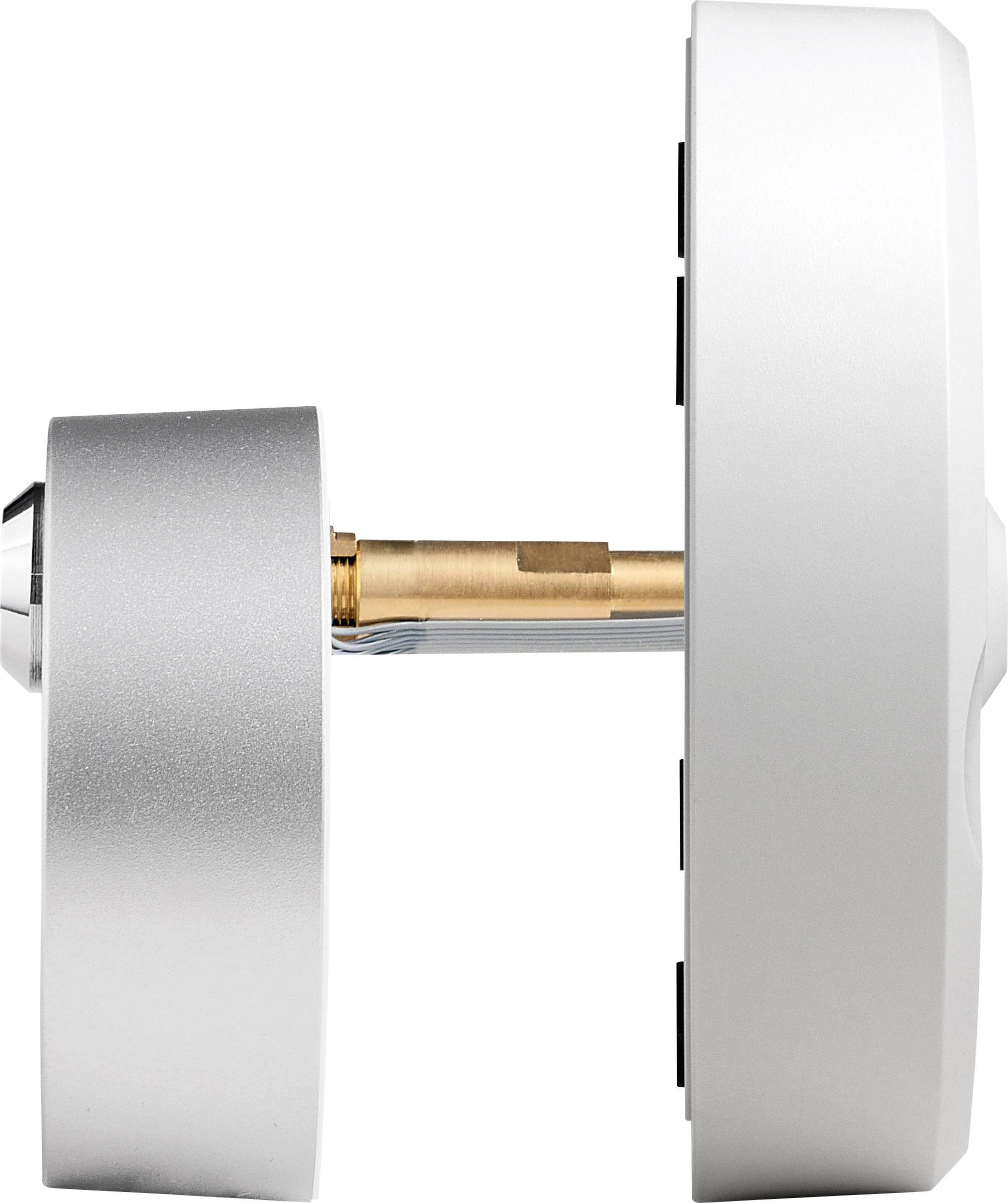 Vue latérale d'une serrure de porte moderne, argentée, comportant des composants électroniques et mécaniques.