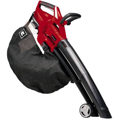 Un aspirateur de feuilles rouge avec un sac de collecte noir. Adapté pour aspirer et souffler les feuilles dans le jardin.
