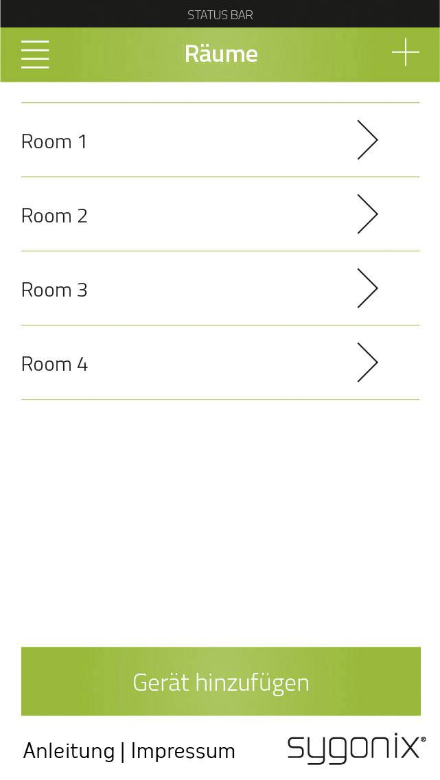 Page d'accueil d'une application avec le titre 'Espaces' et une liste de 'Pièce 1' à 'Pièce 4'. En bas se trouve un bouton 'Ajouter un appareil'.