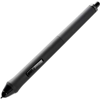 Un stylet graphique noir est positionné en biais. Il dispose de deux boutons latéraux et d'une pointe fine, adapté pour un rendu numérique précis.