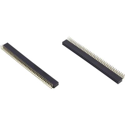 Deux connecteurs longs et noirs avec des broches dorées, côte à côte sur un fond blanc. Ils sont destinés à des connexions électroniques.