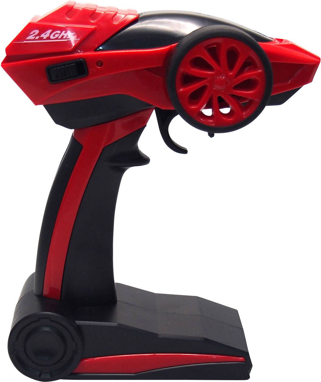 Appareil de télécommande rouge et noir avec une grande roue en haut, adapté pour le contrôle de véhicules télécommandés.