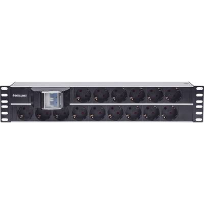Un rack de 19 pouces avec plusieurs prises électriques noires disposées en deux rangées, avec un couvercle de protection transparent sur la gauche couvrant les interrupteurs.