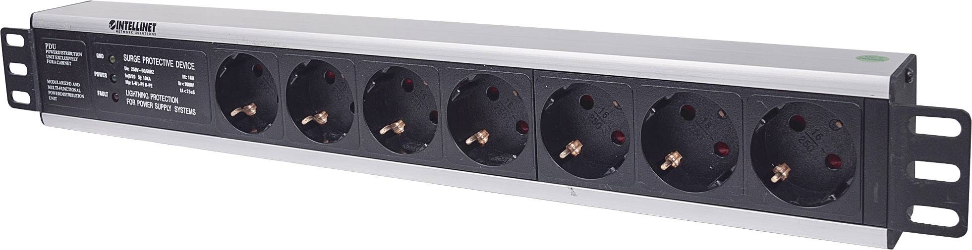 Multiprise avec six emplacements noirs, adaptée pour les fiches Schuko, équipée d'un dispositif de protection électrique.