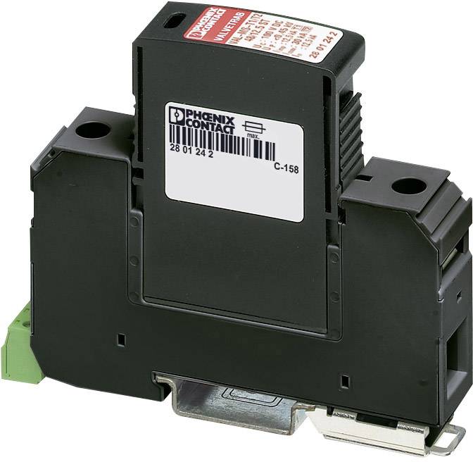 Dispositif de protection contre les surtensions de Phoenix Contact monté sur rail DIN, avec boîtier noir et bornes de connexion vertes.