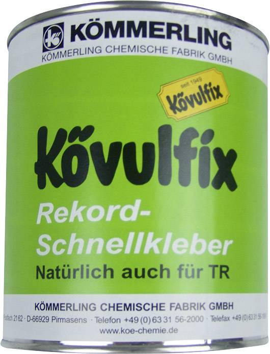 Une boîte avec une étiquette verte de la marque 'Kövulfix', libellée comme 'Colle rapide record, Naturellement aussi pour TR', fabriquée par Kömmerling Chemische Fabrik GmbH.