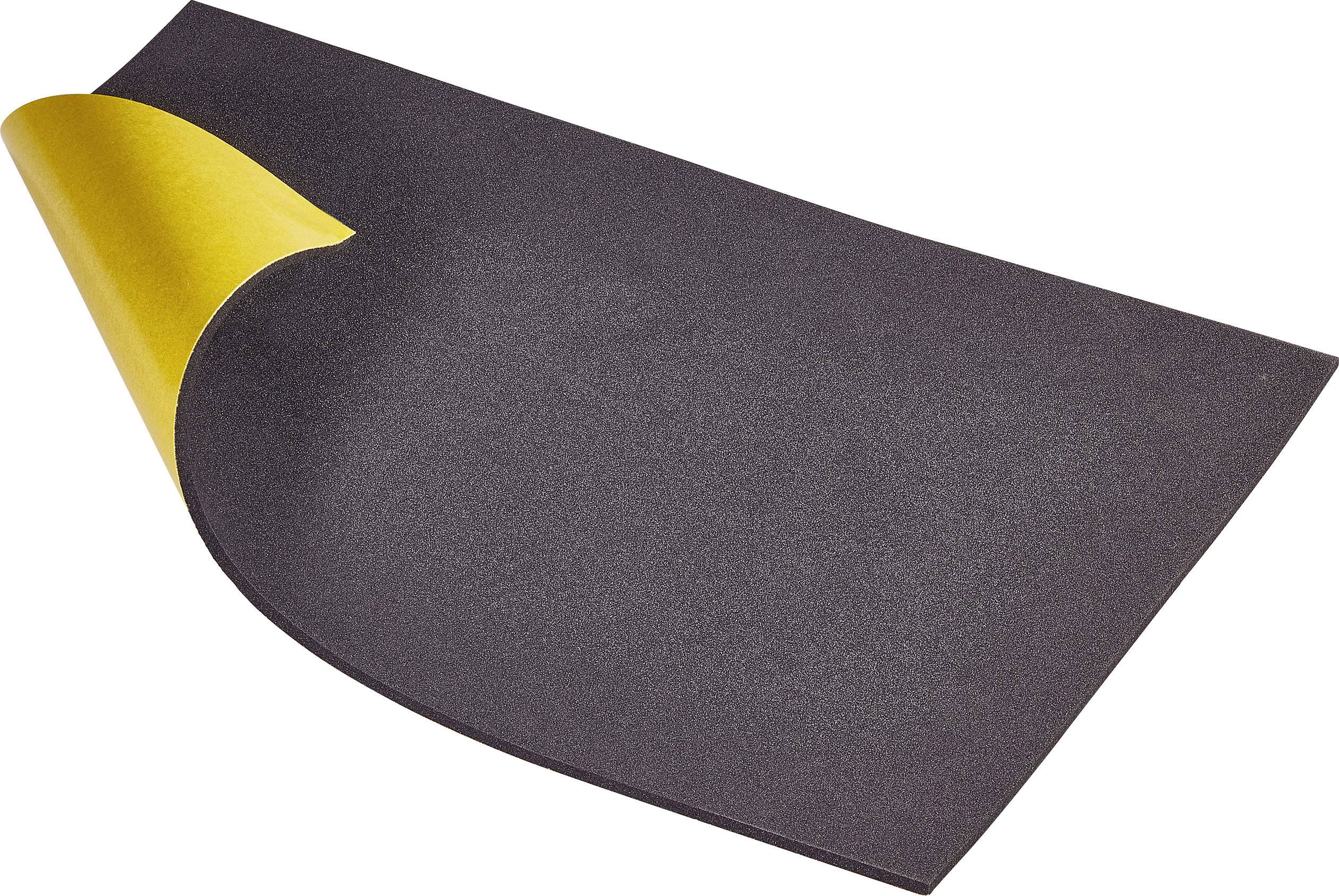 Matériau en caoutchouc noir autocollant avec film de protection jaune partiellement décollé, utilisé pour l'isolation ou l'amortissement.