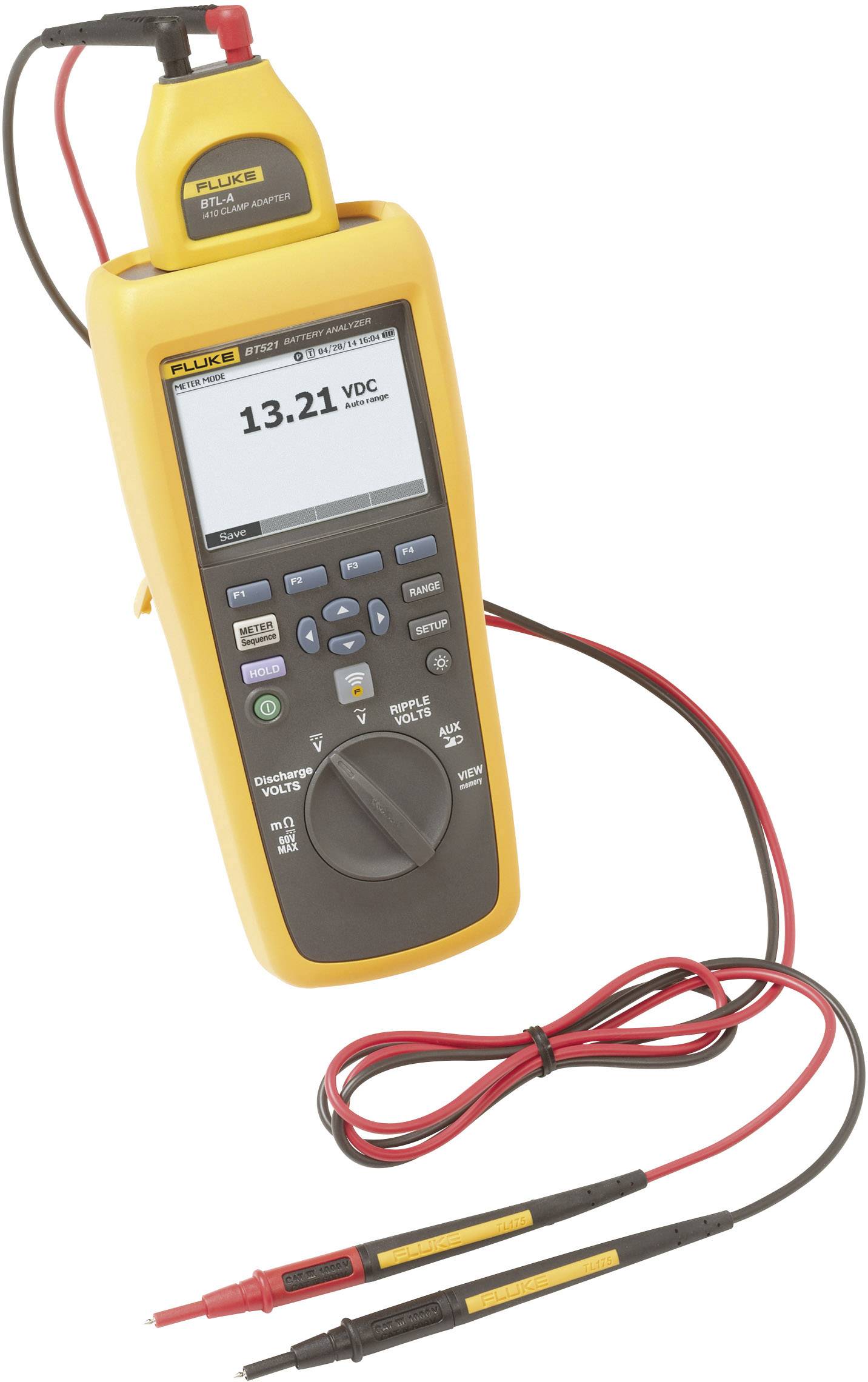 Multimètre numérique de la marque Fluke avec affichage à l'écran '13,21 VDC', entouré de fils de test rouges et noirs.