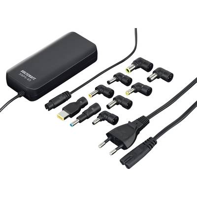 Bloc d'alimentation avec fiches de connexion amovibles. Un appareil principal est visible avec différentes pointes d'adaptateur et un câble d'alimentation.