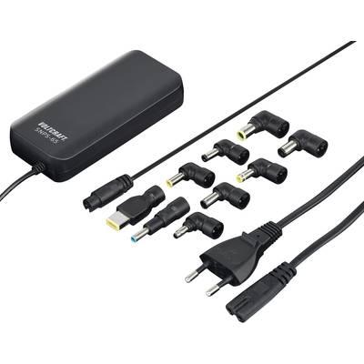 Un chargeur universel noir pour ordinateur portable avec dix fiches différentes et une fiche européenne. Adapté à différents modèles d'ordinateurs portables.