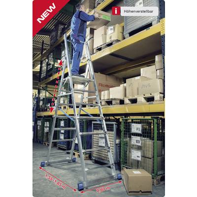 Un travailleur est debout sur une échelle réglable en hauteur et soulève une caisse vers une étagère de stockage. Des panneaux indiquent 'Réglable en hauteur'.