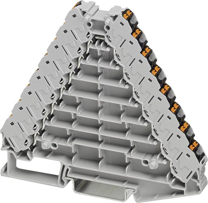 Bloc de borniers triangulaire de couleur grise avec plusieurs emplacements et mécanismes à levier, utilisé pour les connexions électriques.