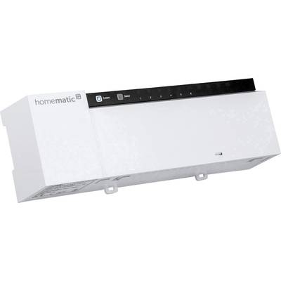 Centrale domotique 'Homematic IP' de couleur blanche, avec des voyants LED en haut indiquant différentes fonctions. Idéal pour l'automatisation de la maison.