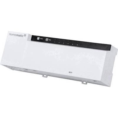 Appareil rectangulaire blanc avec le logo 'homematic' en haut à gauche, bande noire avec des voyants LED et des boutons de commande.