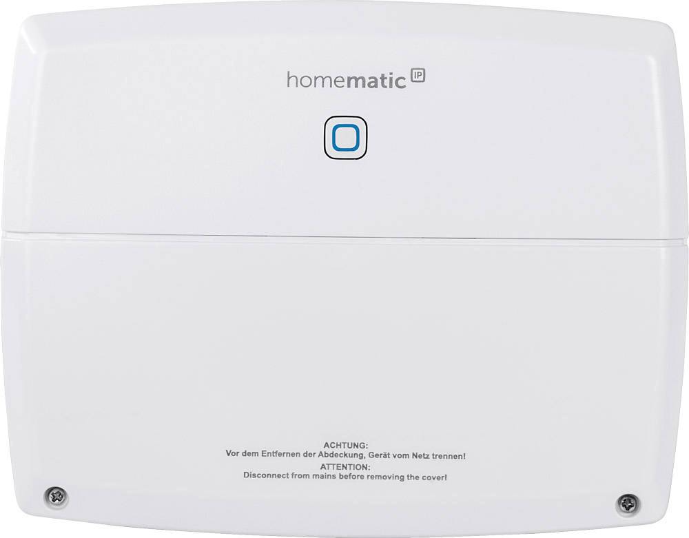 Un appareil mural blanc avec un bouton carré bleu au centre et l'inscription 'homematic IP'. En-dessous, un avertissement : 'Débrancher l'appareil'.
