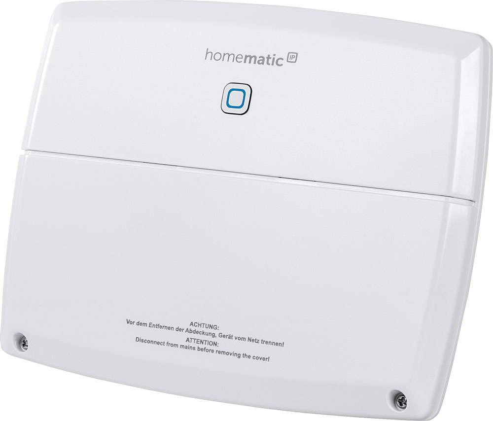 Un appareil blanc rectangulaire portant l'inscription 'homematic', avec un bouton illuminé en bleu et des avertissements de sécurité sur la face avant.