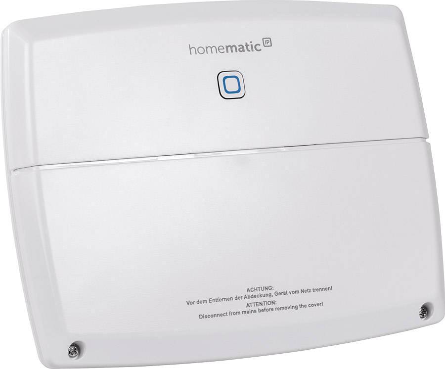 Un transceiver Homematic IP blanc avec un symbole carré bleu et un avertissement : « Débrancher avant de retirer le couvercle ».