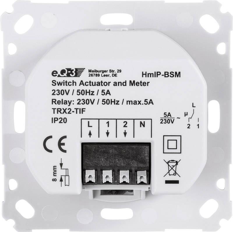 Actionneur et compteur pour 230V, 50Hz, 5A. Contient des bornes de relais et de raccordement, classé IP20. Modèle HmIP-BSM.