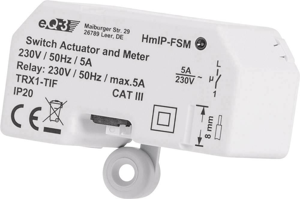 'Un actionneur de commutation et compteur avec spécifications : 230V, 50Hz, max. 5A. Les certifications et connexions sont visibles sur le face avant.'