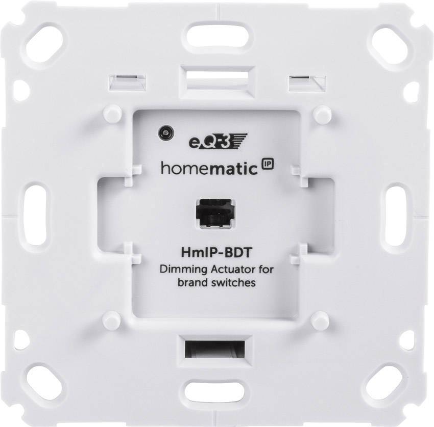 Un actionneur variateur blanc Homematic IP HmIP-BDT pour interrupteurs de marque, de forme carrée, adapté pour une installation encastrée dans les systèmes domotiques.
