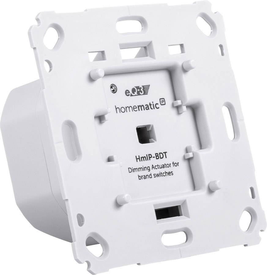 Un actionneur variateur blanc pour interrupteurs de marque Homematic IP, modèle HmIP-BDT. Adapté pour le montage dans des boîtes d'encastrement.