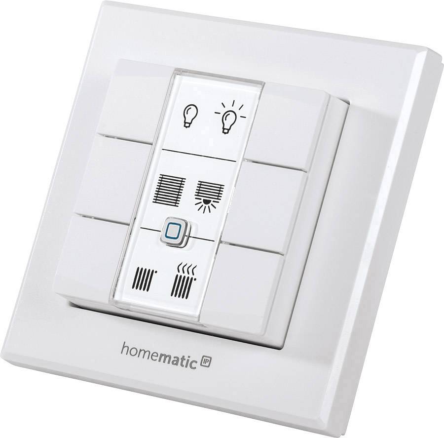 Un interrupteur blanc avec des symboles de commande d'éclairage et de volets roulants de Homematic IP.