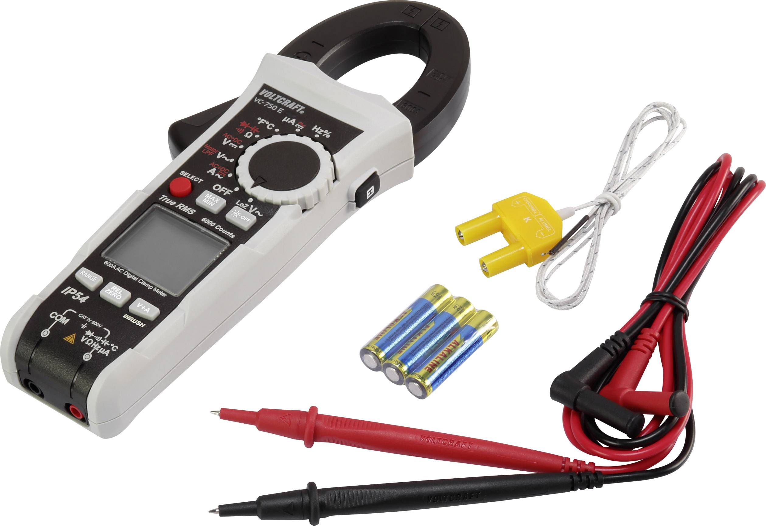 Un multimètre numérique avec accessoires : trois piles, un câble adaptateur de sonde de température jaune et un jeu de câbles de mesure noir-rouge.