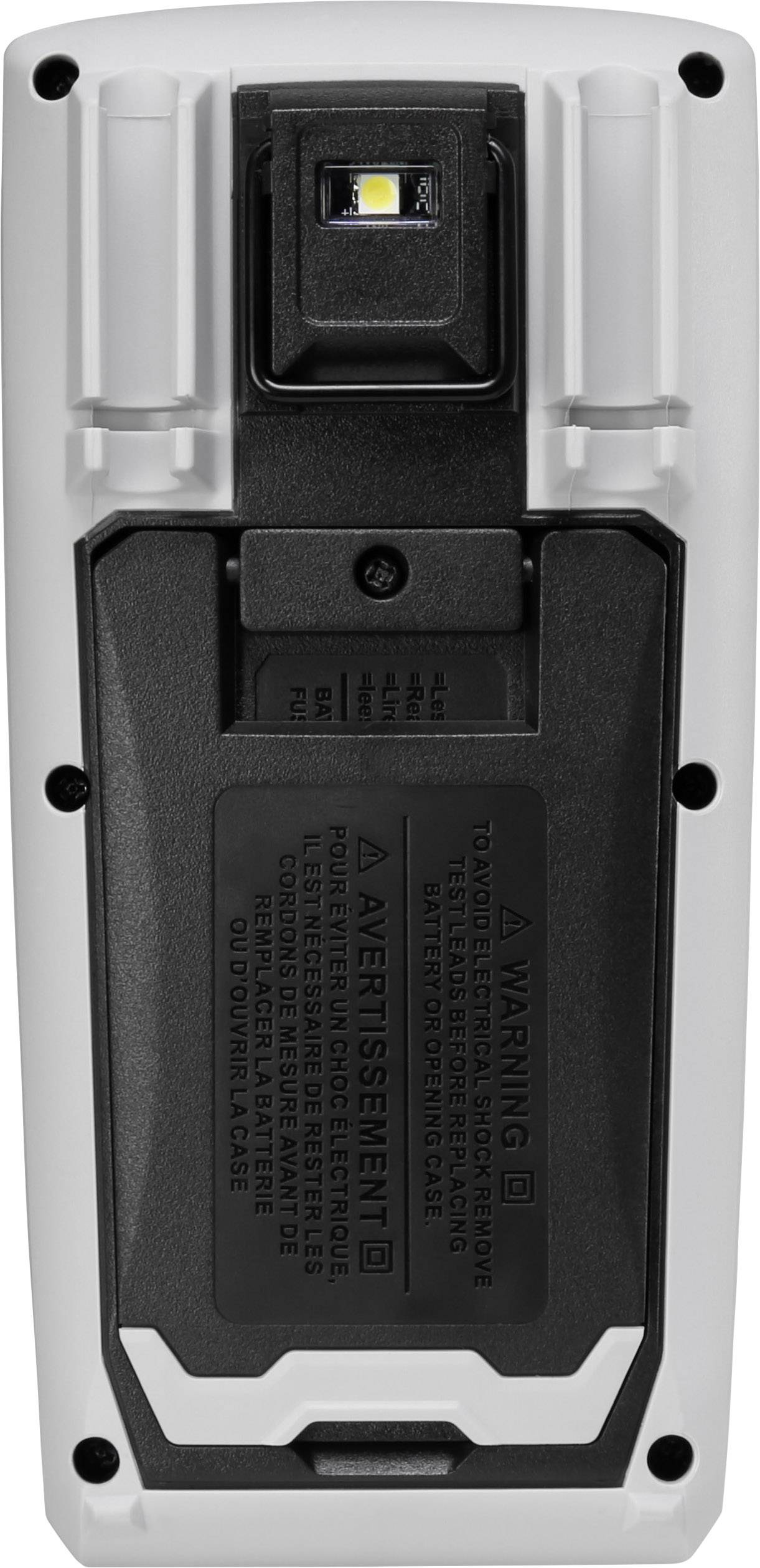 Un appareil portable, probablement un scanner ou un appareil manuel, doté d'un panneau de commande et d'avertissements au dos.