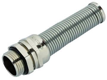 Flexible tuyau ondulé en acier inoxydable avec raccords, adapté aux installations sanitaires ou de chauffage.