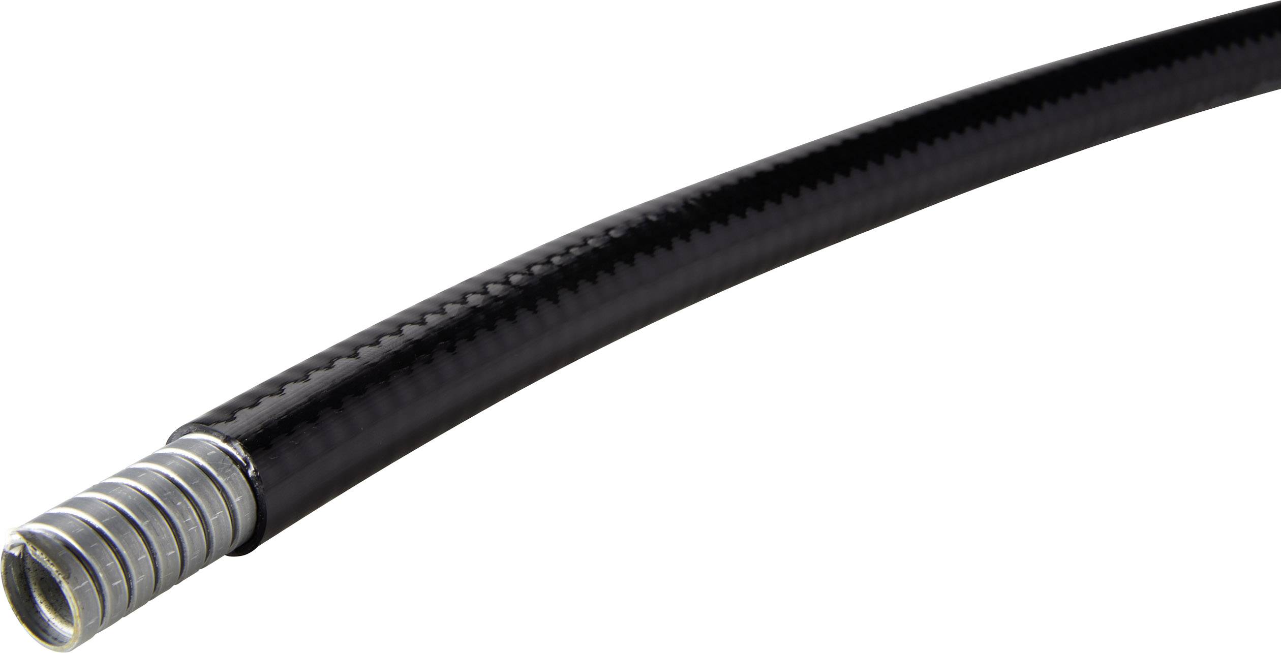 Un tuyau noir flexible avec un raccord métallique à l'extrémité, adapté aux applications industrielles ou aux travaux de bricolage.