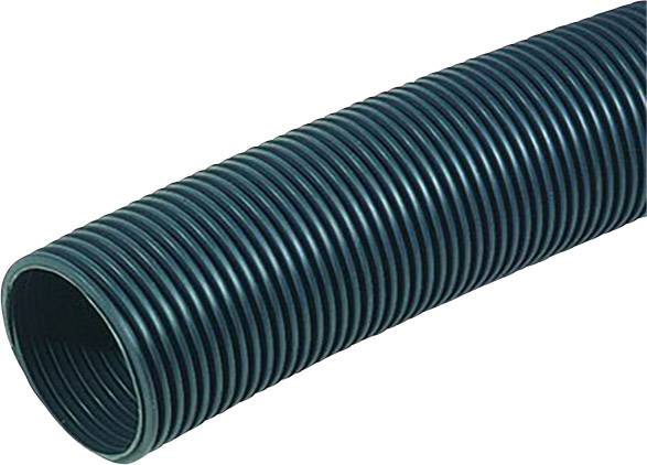 Un tuyau flexible vert foncé avec une structure de nervures en spirale, adapté pour le transport de liquides ou d'air.