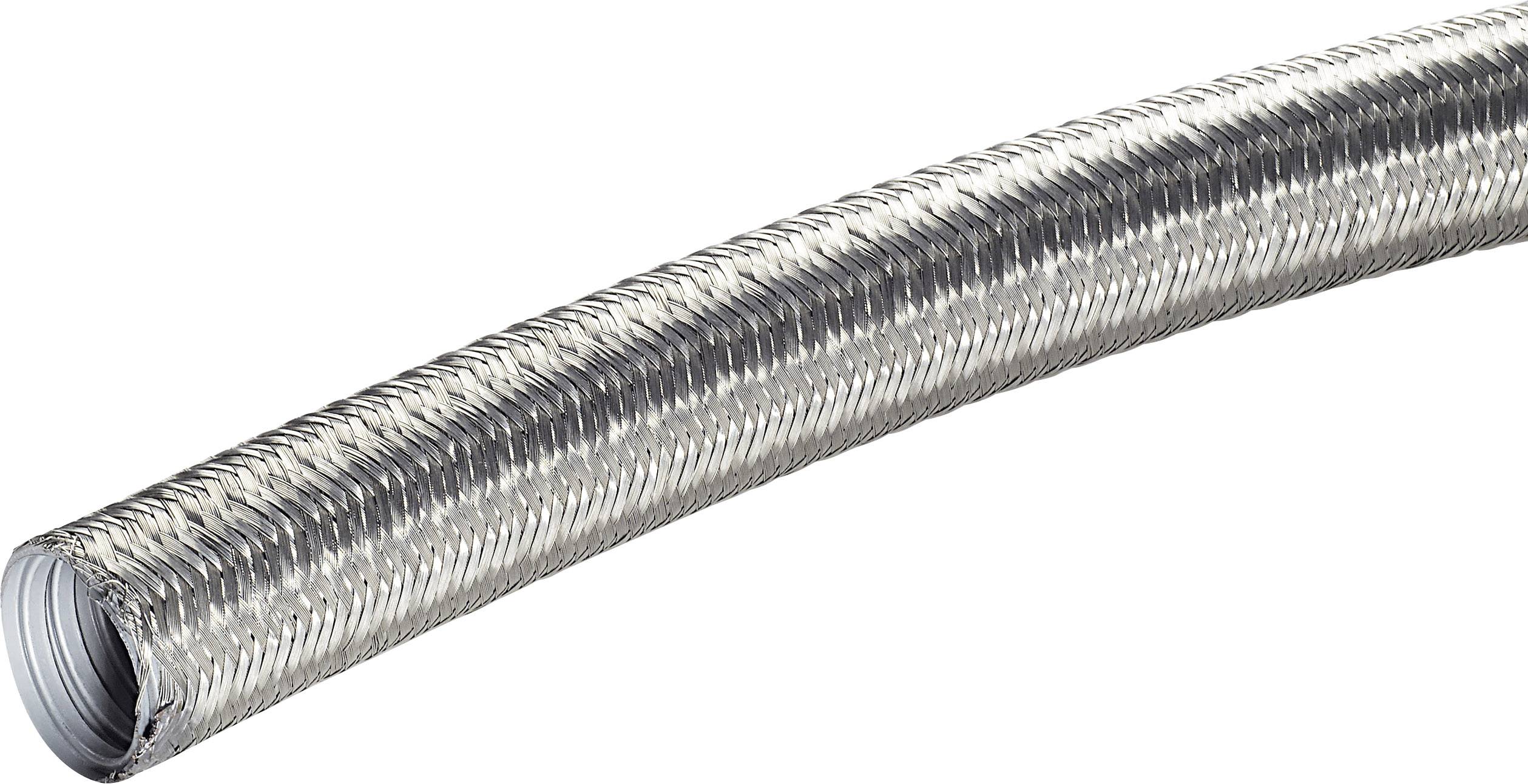 Un tuyau métallique flexible argenté à surface ondulée, utilisé pour le transport de liquides ou de gaz.