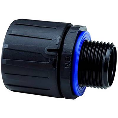 Un adaptateur en plastique noir avec un joint torique bleu et un côté fileté, probablement utilisé pour raccorder des tuyaux ou des tubes.