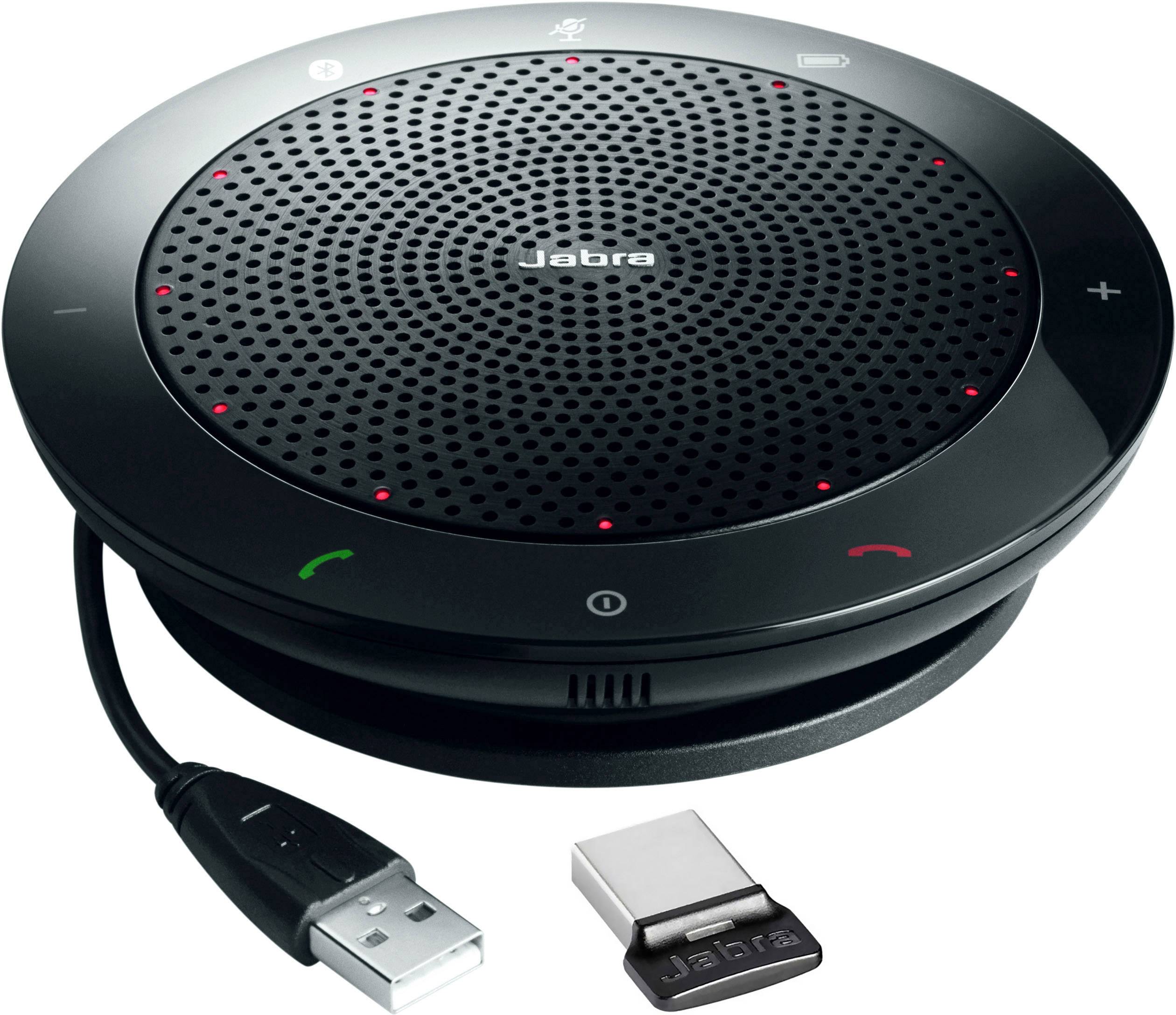 Haut-parleur de conférence portable, rond, avec câble USB et adaptateur sans fil, potentiellement adapté pour les appels mains libres.