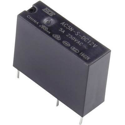 Un relais noir portant l'inscription 'AC5N-S-DC12V', '5A 250VAC'. Deux boucles métalliques en sortent. Utilisé dans les circuits électroniques.