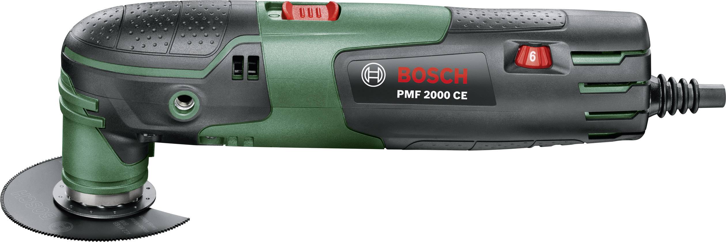Outil électrique vert et noir portant les inscriptions 'BOSCH PMF 2000 CE', adapté pour couper, poncer ou scier.