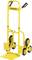 Chariot de transport à sacs jaune avec trois roues noires de chaque côté, adapté pour le transport de charges lourdes dans les escaliers.