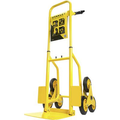 Diable à roulettes escalier en jaune de Stanley, adapté pour des charges jusqu'à 120 kg. Dispose de trois roues sur chaque côté pour une manœuvrabilité facile.