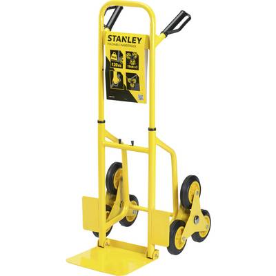 Chariot à main pliable jaune de Stanley, doté de trois roues de chaque côté et d'une capacité de charge maximale de 120 kg.