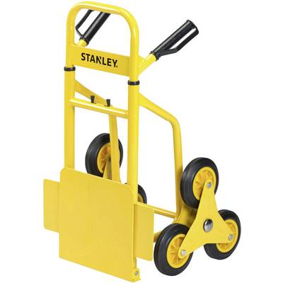 Chariot de transport jaune à roues d'escalade, muni de trois roues sur chaque côté et de poignées noires. Le nom de marque 'STANLEY' est inscrit sur la face avant.