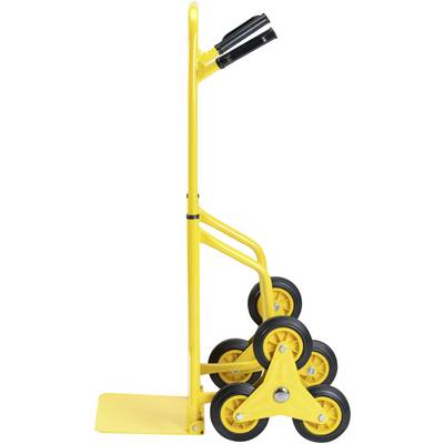 Chariot à roulettes jaune pour escaliers avec trois configurations de roues distinctes pour une mobilité facilitée dans les escaliers.