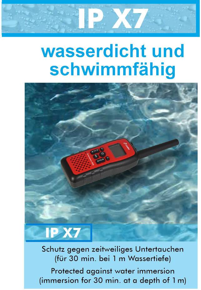 Talkie-walkie rouge, flottant à la surface de l'eau. Texte en haut : « Étanche IP X7 et flottant ». En bas : Protection contre l'immersion pendant 30 minutes à 1 m de profondeur.