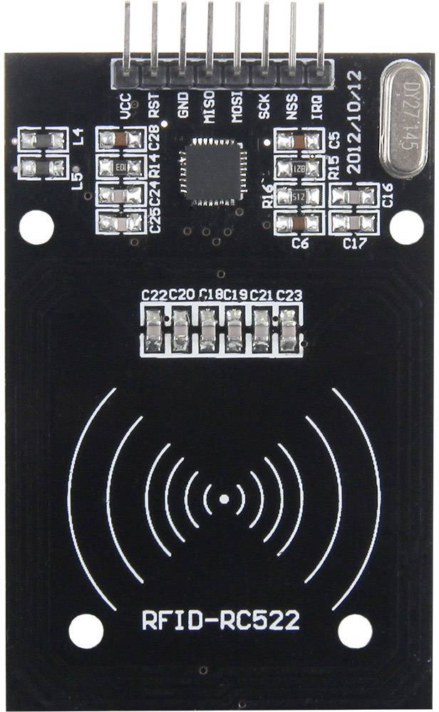 Module RFID RC522 avec composants électroniques et étiquettes sur une carte électronique noire, adapté pour la lecture sans contact de tags RFID.