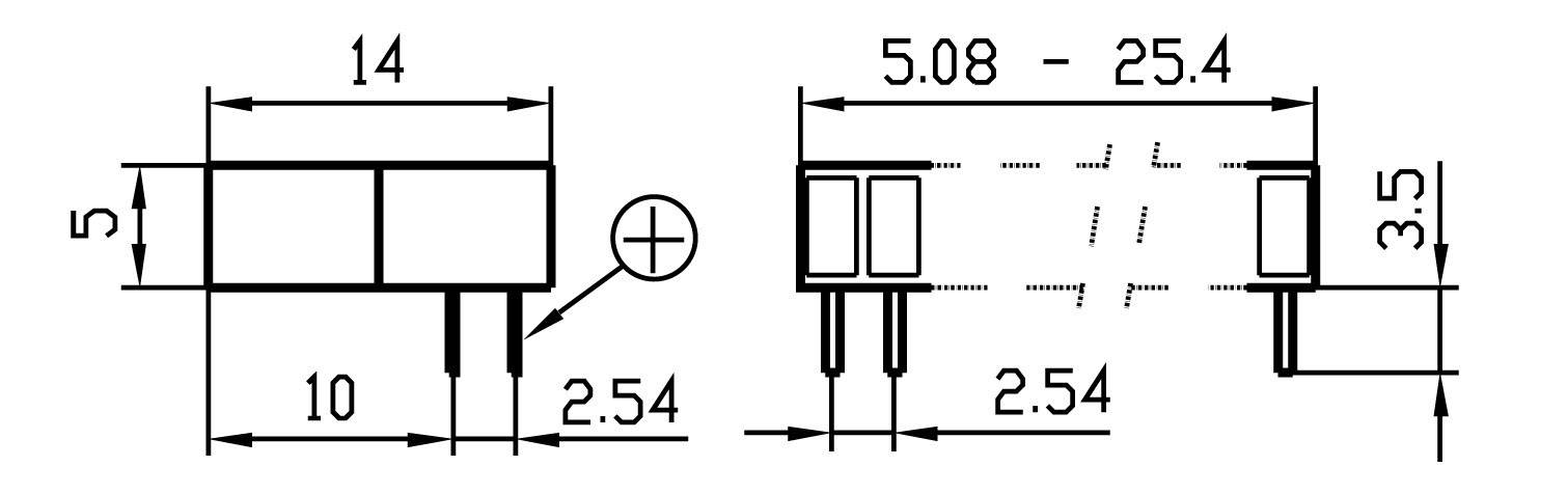 Dessin technique d'un connecteur électrique avec dimensions : largeur 14 mm, hauteur 5 mm, écartement des broches 2,54 mm, longueur totale 25,4 mm.