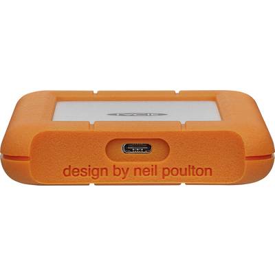 Disque dur externe avec protection en caoutchouc orange, port sur la façade, portant l'inscription « design by neil poulton ».
