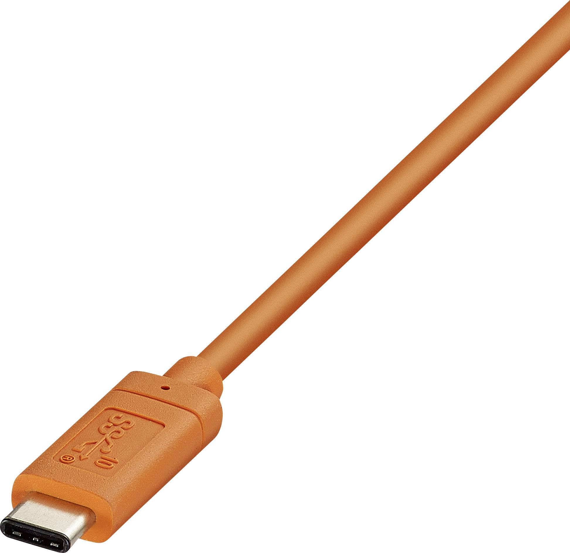 Un câble USB-C orange utilisé pour le transfert de données et la charge de périphériques mobiles.