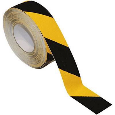 Un rouleau de ruban adhésif avec des bandes diagonales jaunes et noires, typique des marquages d'avertissement.