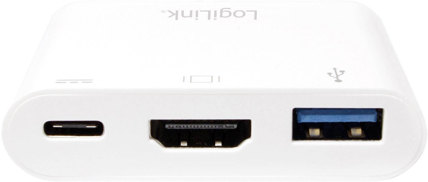 Adaptateur blanc avec un port USB-C, un port HDMI et un port USB 3.0, offrant diverses possibilités de connexion.