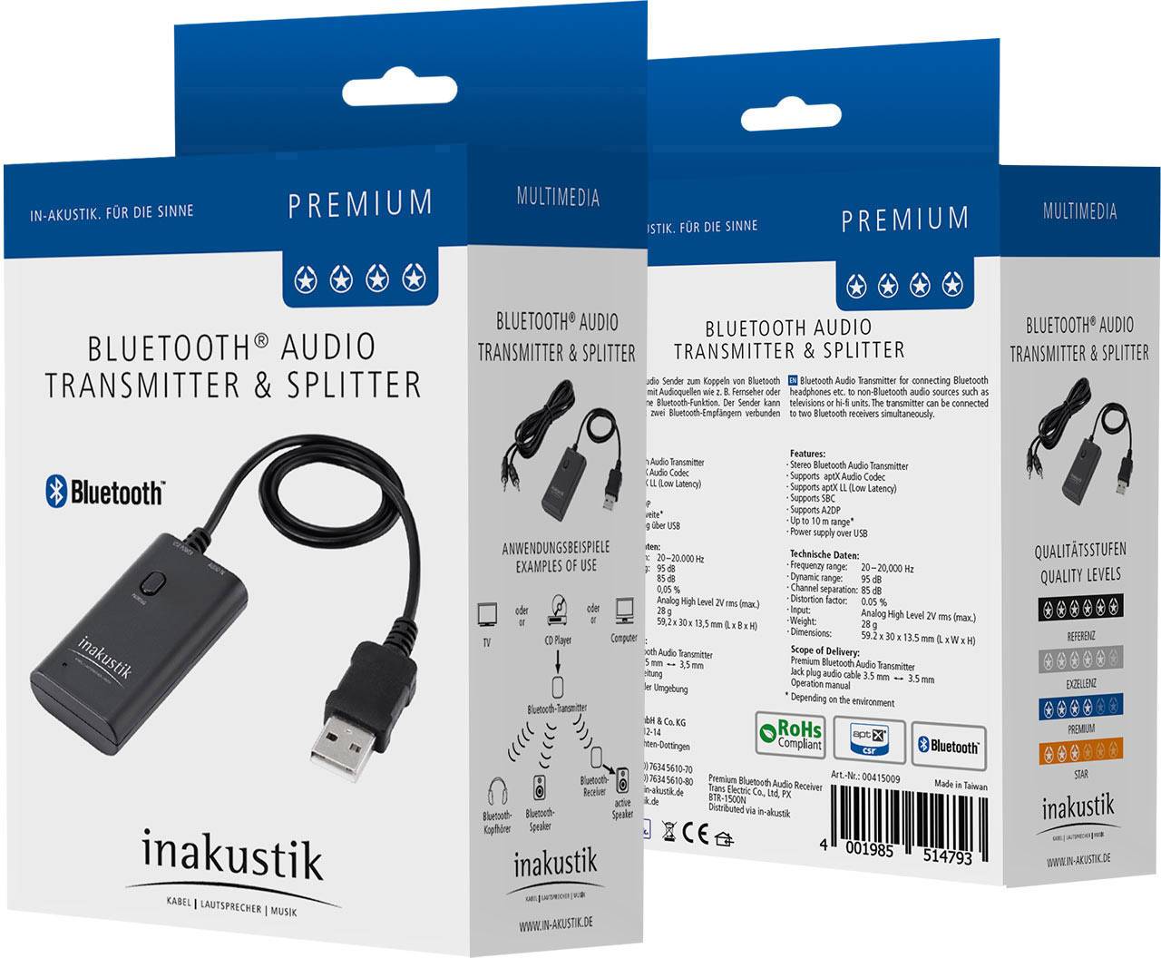 Inakustik Prem. Bluetooth Audio Sender & Splitter Emetteur de musique Bluetooth® Version Bluetooth: 3.0 10 m technologie-2
